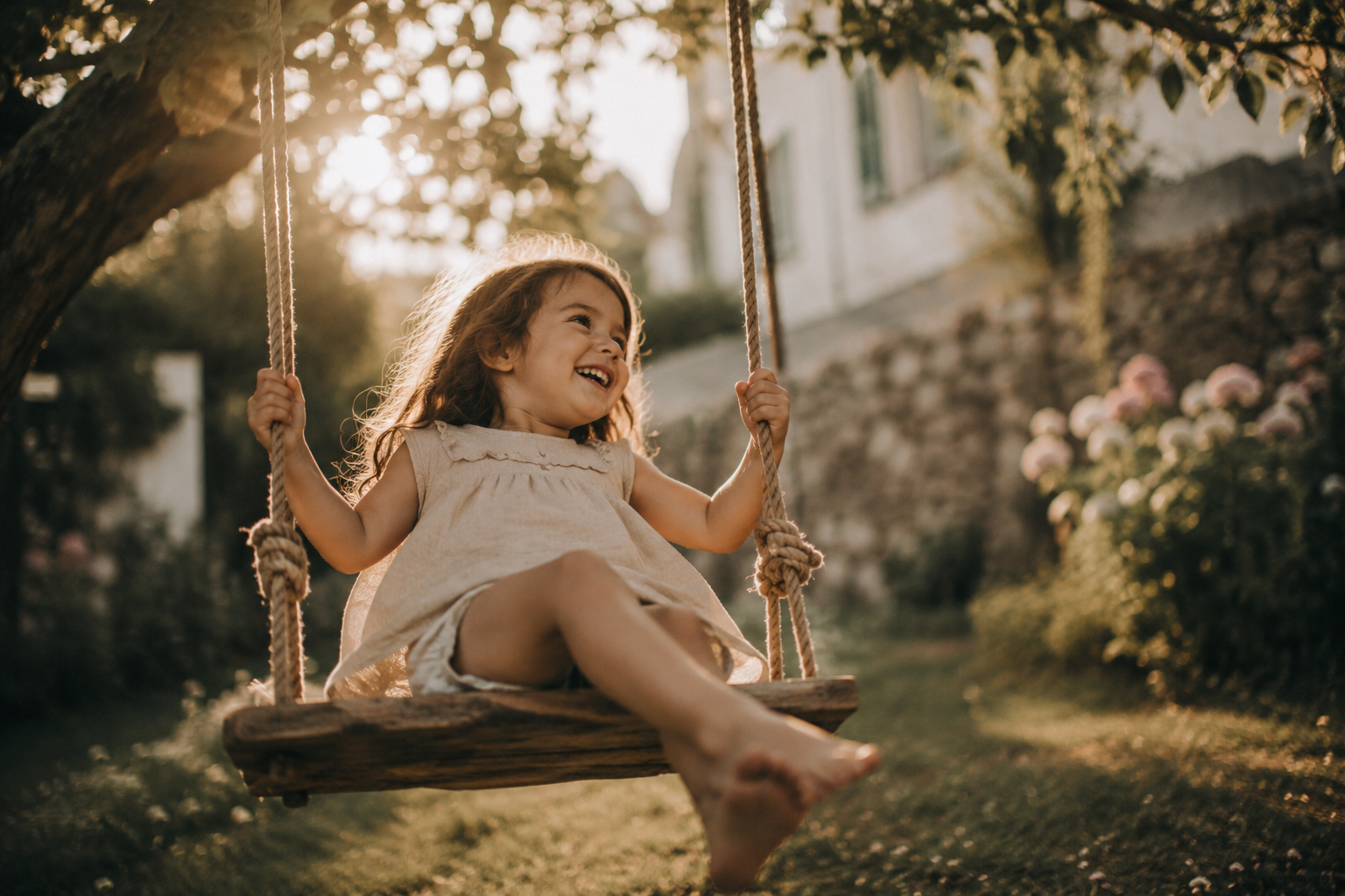 A young child laughing on a wooden garden swing in golden evening light