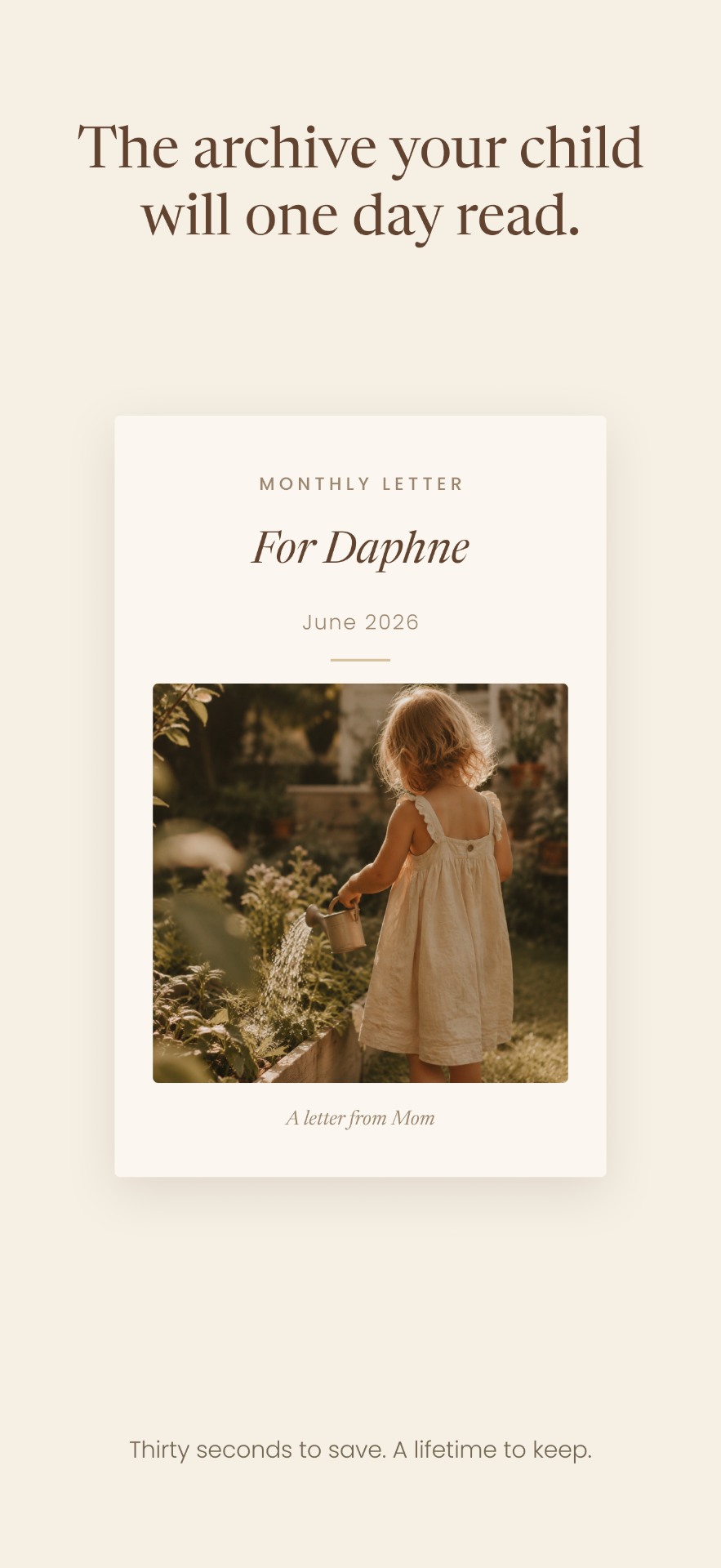 Deara iPhone app screen showing a monthly letter for Daphne with the headline The archive your child will one day read.