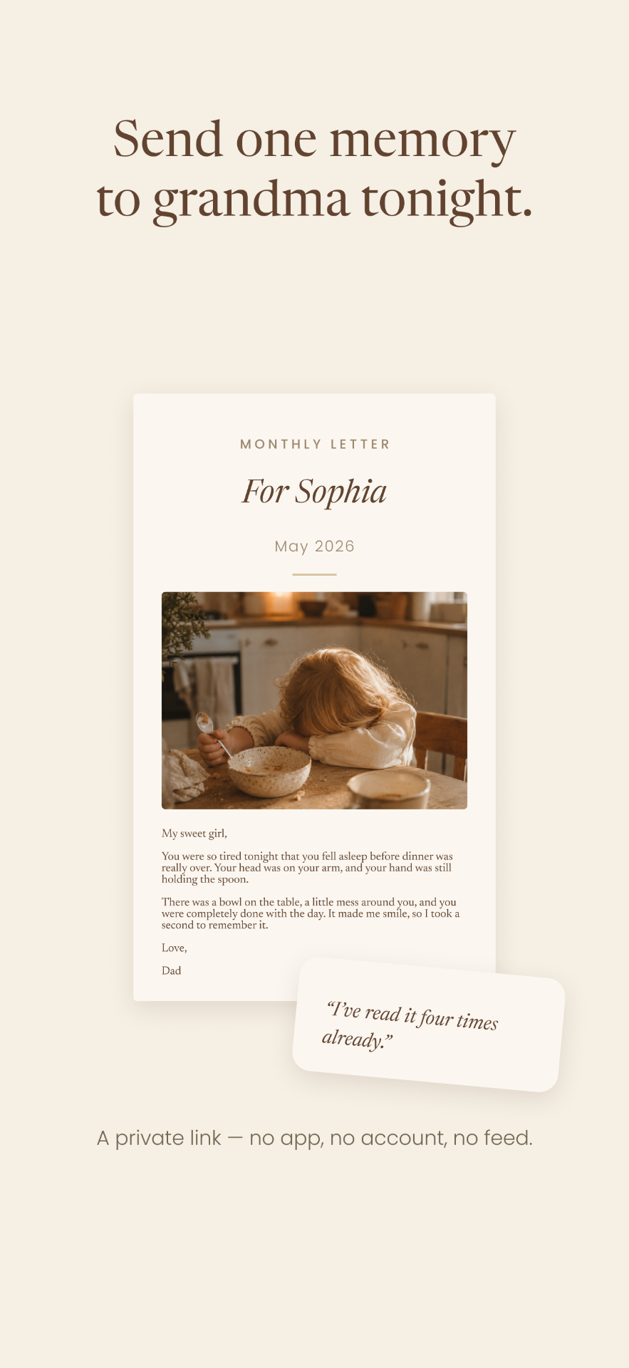 Deara iPhone app screen showing a shared monthly letter for Sophia with the headline Send one memory to grandma tonight.